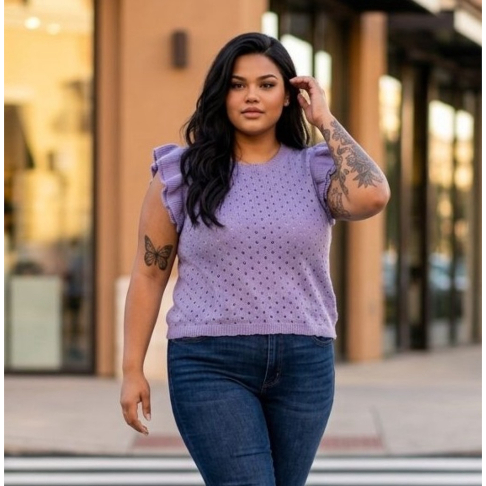 Women's NWOT BLAKELEY Pastel Lilac Eyelet Ruffle Sleeve Crew Neck Sweater 2X